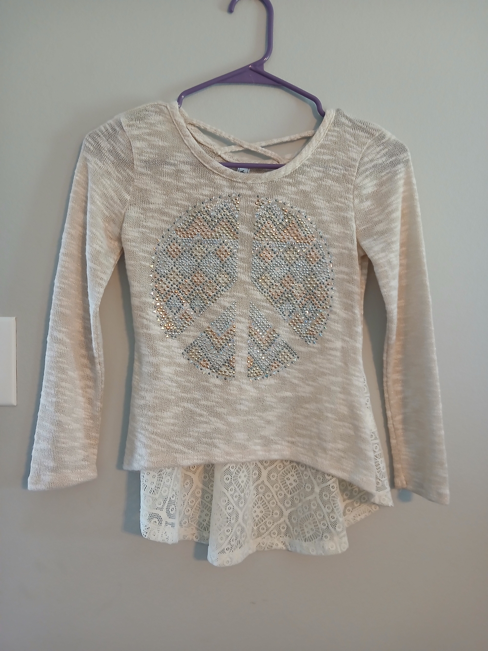 Knitworks Cream Lace-Hem Peace Sign Long Sleeve Top